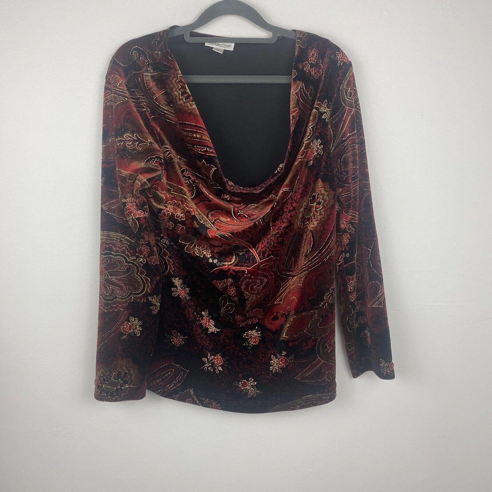 Coldwater Creek Velvet Cowl Neck Top in Black and Burgundy Paisley